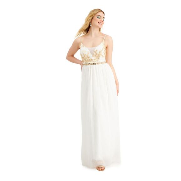 EMERALD SUNDAE Dresses & Skirts - EMERALD SUNDAE Womens Empire Waist Dress Beige Spaghetti Strap Formal Juniors 13